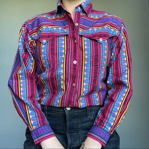 Vintage Rodeo Western Wear Colorful Geometric Cotton Button Down Cowgirl Shirt